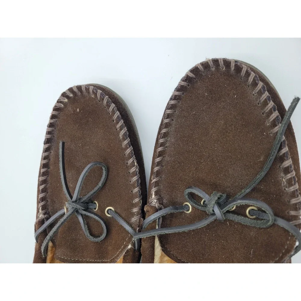 St. Johns Bay Moccasin Slippers Mens 13‎ M Brown Suede Leather Faux Fur Loafers - Picture 7 of 13